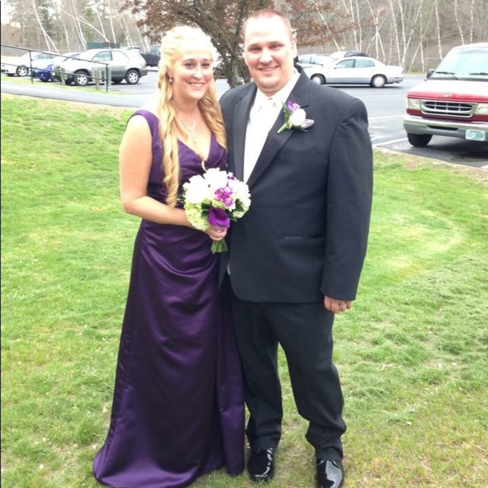 Da Vinci Eggplant Long V-Neck Bridesmaid Dress